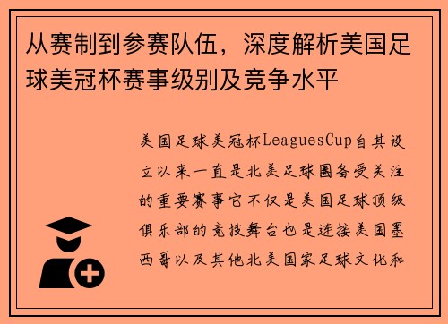 从赛制到参赛队伍，深度解析美国足球美冠杯赛事级别及竞争水平
