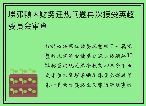 埃弗顿因财务违规问题再次接受英超委员会审查