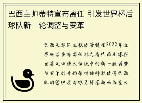 巴西主帅蒂特宣布离任 引发世界杯后球队新一轮调整与变革 巴西主帅蒂特宣布离任 引发世界杯后球队新一轮调整与变革